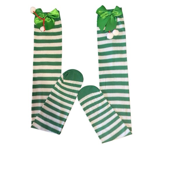 Christmas Green Striped Over-the-Knee Socks(Tights) With Bow & Pom Poms - Picture 5 of 6